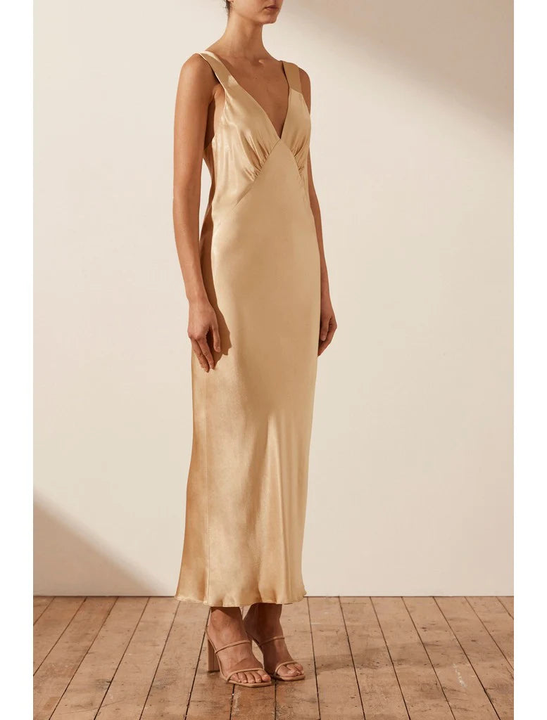 Felicity Plunged Dress (Gold) - Shona Joy